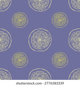 Yellow lemon slises on the violet background seamless pattern