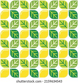 Yellow lemon themed background and leaves. Geometric seamless fruit pattern motif. Simple flat vector illustration. Lemonade, lime, citrus, and orange. For backdrops, covers, prints, and wallpapers.
