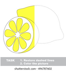 Yellow lemon in vector colorful to be traced. Restore dashed line and color the picture. Visual game for children. Worksheet to be colored.