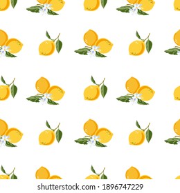 Yellow lemon vector. Vector illustration of line art drawing with abstract shape. Bright summer lemon fruit seamless pattern background with flowers, leaves and blossoms. A fruit high in vitamin C. 