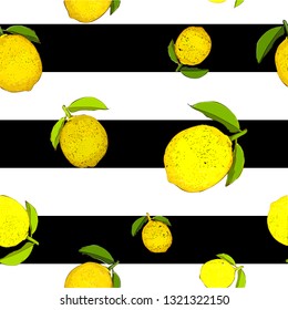 Yellow lemon vector pattern on striped background, vector illustration