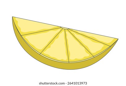 Yellow lemon wedge 2D cartoon object. Citrus fruit slice. Sour taste. Tangy flavor. Healthy food. Sliced garnish. Lemonade ingredient isolated element flat vector clip art on white. Spot illustration