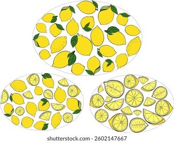 Yellow lemon whole with leaves oval composition set. Vector graphic line ink illustration on transparent background. illustration for package, kitchen design, fabric and textile
