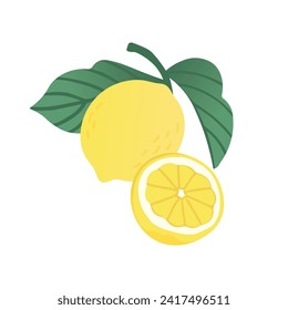 Yellow lemon whole and sliced, isolated on white background. For web, print, product design. Flat style. Vector illustration.