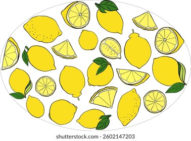 Yellow lemon whole and slices with leaves oval composition. Vector graphic line ink illustration on transparent background. Banner, poster, logo, sticker, print, modern textile design.
