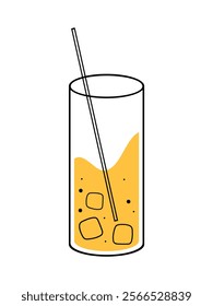 Yellow lemonade in a glass with a straw and ice on a white background. Cold drink. Vector illustration