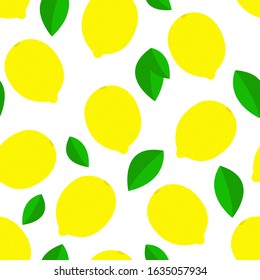 Yellow lemons background. Seamless pattern with lemon and leaves. Sour fruit. Vector illustration on white background