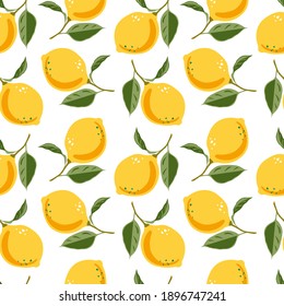 Schönes nahtloses Vektormuster mit Zitronen und Blättern. Abstrakte Textur. Perfekt für Bildschirmhintergründe, Webseiten-Hintergründe, Oberflächentexturen, Stoffdesign, Cover, Bauernmärkte, Notebooks