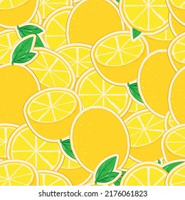 Yellow lemons. Beautiful seamless vector pattern with lemons and leaves. Perfect for wallpapers, web page backgrounds, surface textures, textile design, cover, farmers market, notebooks