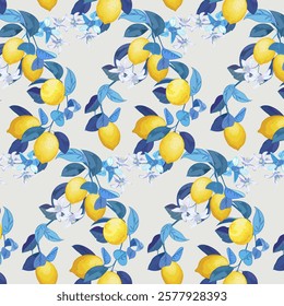 Yellow lemons with blue leaves.Vector seamless pattern with yellow lemons and blue leaves on a light background.