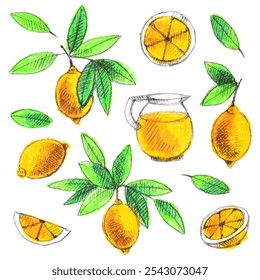 Yellow lemons with green leaves, lemon slices and a jug of lemonade. Hand-drawn collection, pencil graphics and colored pastels