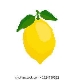 Yellow lemons with green leaves on a white background. Pixel. Vector illustration.