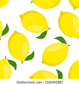 Yellow lemons and green leaves on white. Seamless pattern with whole citruses. Fresh fruits background. Vector flat illustration.