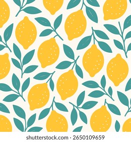 yellow lemons and green leaves on a light cream background attract attention. Background with yellow lemons. Whole citrus fruits with green leaf, slices and halves. Vector cartoon illustration. 