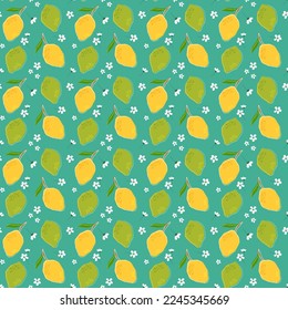 Yellow lemons and green limes. Seamless pattern on a green background. Fruit illustration. Vector. For fabric, textile and clothing, packaging, covers and brochures.