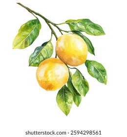 Yellow lemons hanging from a tree branch with fresh green leaves vector illustration. Vibrant colors and natural textures bright lemons on the tree branch.