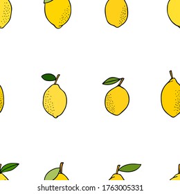 Yellow lemons with leaves. Citrus for lemonade, vitamins, healthy vegeterian food. Vector seamless pattern isolated on white background. Vivid summer illustration. For printing on paper and fabric.
