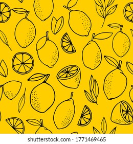 Yellow lemons with leaves. Citrus for lemonade, vitamins, healthy vegeterian food. Vector seamless pattern isolated on white background. Vivid summer illustration. For printing on paper and fabric.
