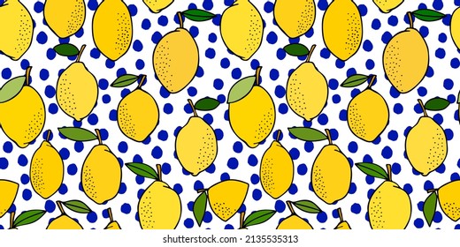 Yellow lemons with leaves. Citrus for lemonade, vitamins, healthy vegeterian food. Vector seamless pattern isolated on white background. Vivid summer illustration. For printing on paper and fabric.
