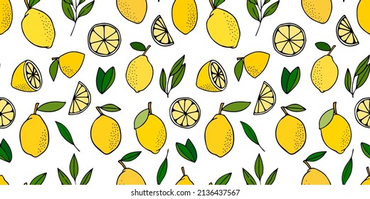 Yellow lemons with leaves. Citrus for lemonade, vitamins, healthy vegeterian food. Vector seamless pattern isolated on white background. Vivid summer illustration. For printing on paper and fabric.
