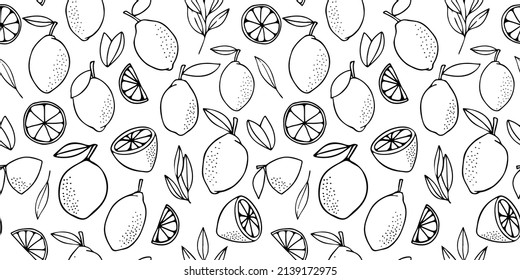 Yellow lemons with leaves. Citrus for lemonade, vitamins, healthy vegeterian food. Vector seamless pattern isolated on white background. Vivid summer illustration. For printing on paper and fabric.
