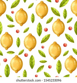 Yellow lemons, leaves and red berries on a white background. Seamless pattern
