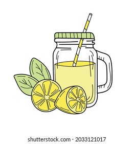 Yellow lemons and lemonade in glass jar. Fresh summer drink. Isolated hand drawn image on white background. Detox and healthy life.