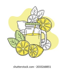 Yellow lemons and lemonade in glass jar. Fresh summer drink. Isolated hand drawn image on white background. Detox and healthy life.