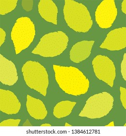 Yellow lemons and lime, on green background. Vector seamless pattern.