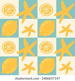 Limones amarillos sobre fondo beige a cuadros.