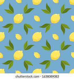 Yellow lemons on blue background. Vector seamless pattern