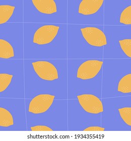 Yellow lemons on a blue background. Citrus fruits seamless pattern.