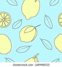 Yellow lemons on bright background seamless pattern. Colorful background for wrapping paper, textile, stationary prints.