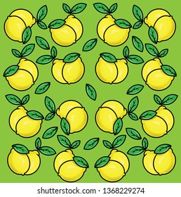 Yellow lemons on green background. Tropical fruit. Citrus seamless pattern. Fashionable print in bright pastel colors. Wallpaper.