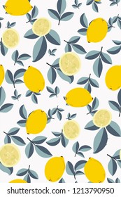 Yellow lemons on white background. Tropical fruit. Citrus seamless pattern. Fashionable print in bright pastel colors. Wallpaper. Hand vector illustration. Modern design