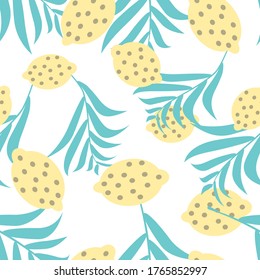 yellow lemons with palm leaves seamless vector pattern white background pastel colors