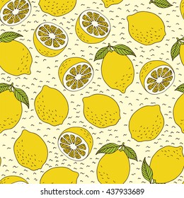 Yellow lemons seamless background, hand drawn vector citrus pattern