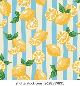 Yellow lemons seamless pattern, stripe background. Fruit summer wallpaper.