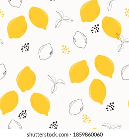 Yellow lemons seamless pattern.Lemons, lemon silhouette and leaves on a white background. Textile, paper, cover and website design. Vector illustration.