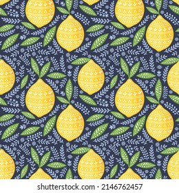 Yellow lemons. Seamless vector pattern with lemons and leaves. Perfect for wallpapers, web page backgrounds, surface textures, textile design, cover, farmers market, notebooks