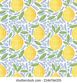 Yellow lemons. Seamless vector pattern with lemons and leaves. Perfect for wallpapers, web page backgrounds, surface textures, textile design, cover, farmers market, notebooks