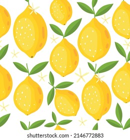 Yellow lemons. Seamless vector pattern with lemons and leaves. Perfect for wallpapers, web page backgrounds, surface textures, textile design, cover, farmers market, notebooks