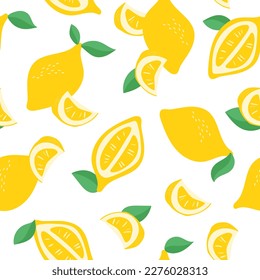 Patrón de limones amarillos tropicales sin costuras con. Fondo de fruta repetido. Impresión vectorial brillante para tela o papel pintado.
