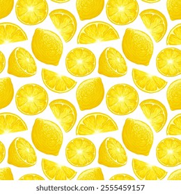 Yellow lemons tropical seamless pattern isolated on white background. Vector hand drawn whole and sleced lemons. Design for textile, wrapping paper, wallpaper.