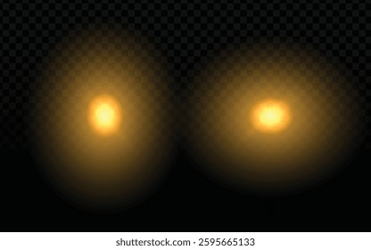 Yellow Lens Flare Vector: Two Glowing Orbs, Dark Checkered Background, Realistic Light Effect, Diffused Glow, Transparent Element, Luminous Design, Radial Streaks, Chromatic Aberration, Side-by-Side F