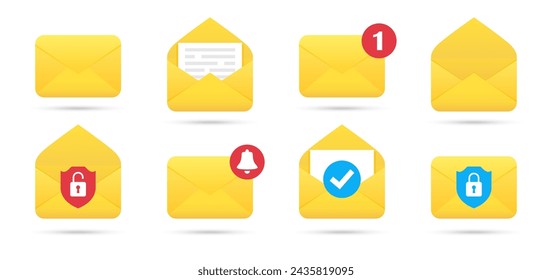 Yellow letter for mail and message. New message, bell notification, check mail icons. Set of mail letter with shadow. Envelopes icons