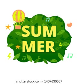Yellow lettering summer. on a green summer background leaves, stars, hearts, lightning, balloon. The concept of bright print summer mood. Vector illustration.