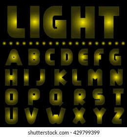 Yellow light alphabet. Lamp font. Yellow letters for nightclub hotel casino shop cinema sign-board