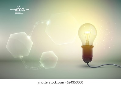 Yellow light bulb abstract background poster with electric equipment and different-sized hexagons vector illustration