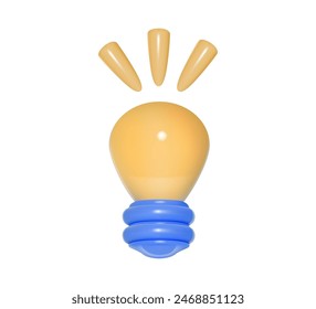 Yellow light bulb with blue base and three rays. 3D vector illustration isolated. Idea, business, strategy, innovation concept.